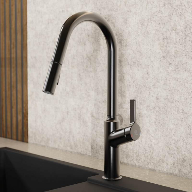 WK 12 in matte graphite, Kitchen Faucet with curved spout and pull-down spray