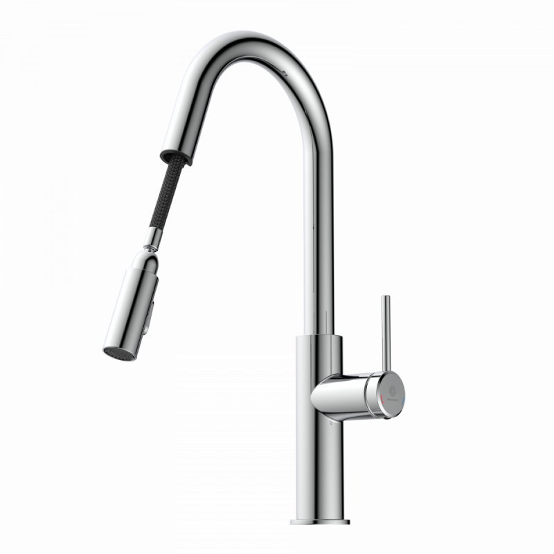 WK 13 Curve in chrome, Kitchen Faucet with curved spout and pull-down spray