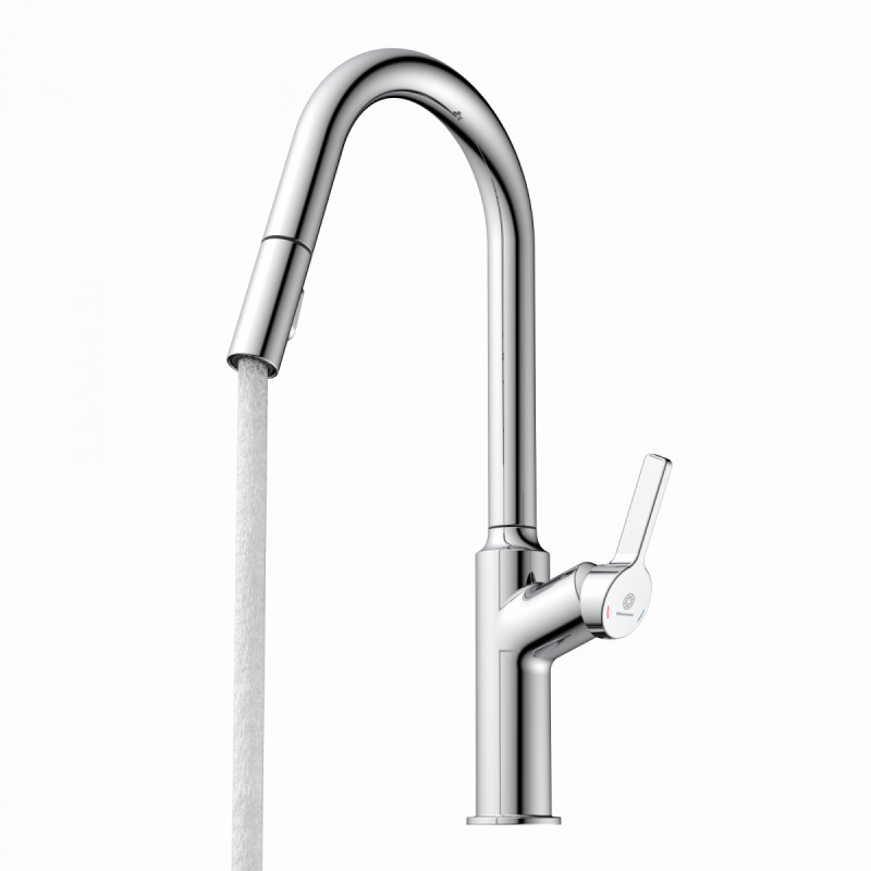 WK 12 in chrome, Kitchen Faucet with curved spout and pull-down spray