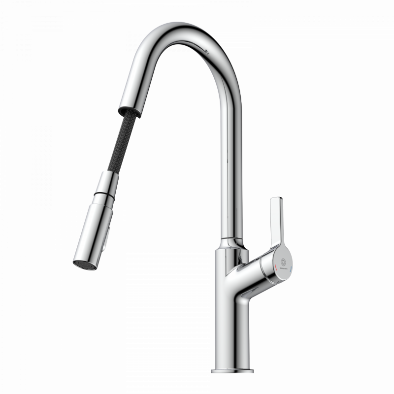 WK 12 in chrome, Kitchen Faucet with curved spout and pull-down spray