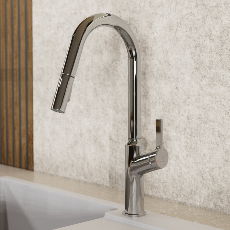 WK 12 in chrome, Kitchen Faucet with curved spout and pull-down spray
