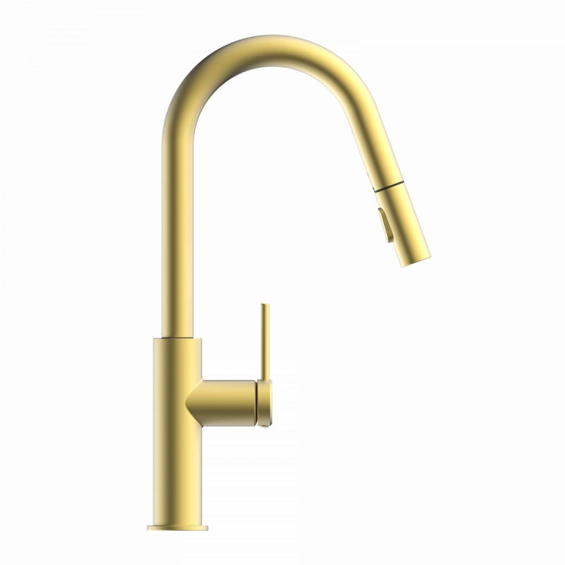 WK 13 Curve in gold look, Kitchen Faucet with curved spout and pull-down spray