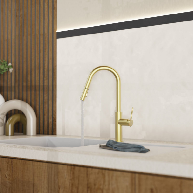 WK 13 Curve in gold look, Kitchen Faucet with curved spout and pull-down spray