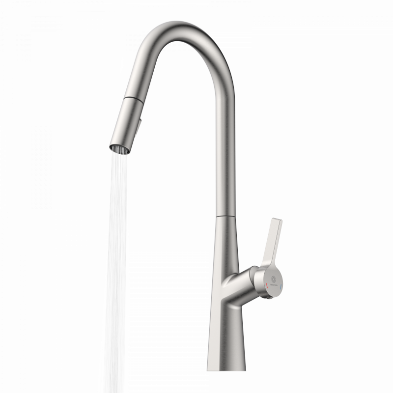 WK 9 Curve in stainless steel look, Kitchen Faucet with curved spout and pull-down spray