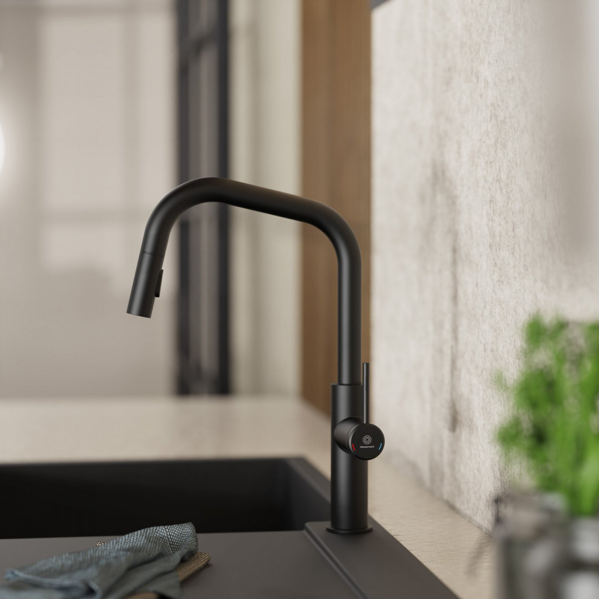 WK 13 Edge in black, Kitchen Faucet with edged spout and pull-down spray