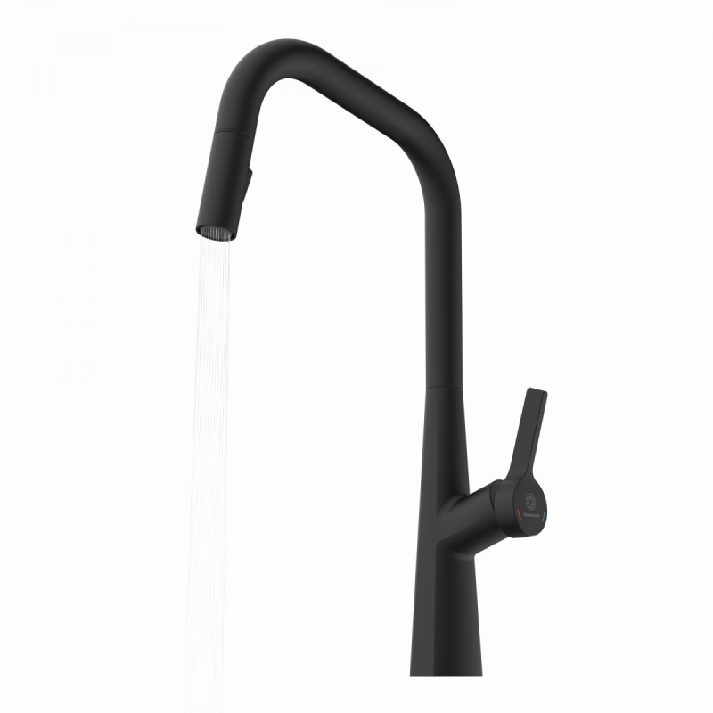 WK 9 Edge in black, Kitchen Faucet with edged spout and pull-down spray