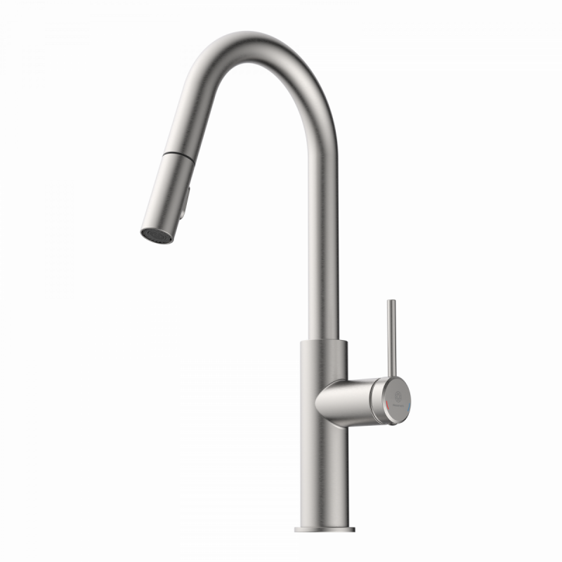 WK 13 Curve in stainless steel look, Kitchen Faucet with curved spout and pull-down spray