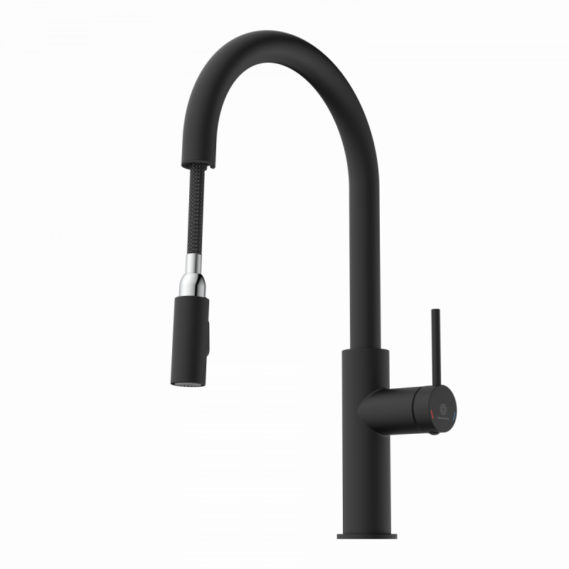 WK 13 Sphere in black, Kitchen Faucet with arched spout and pull-down spray