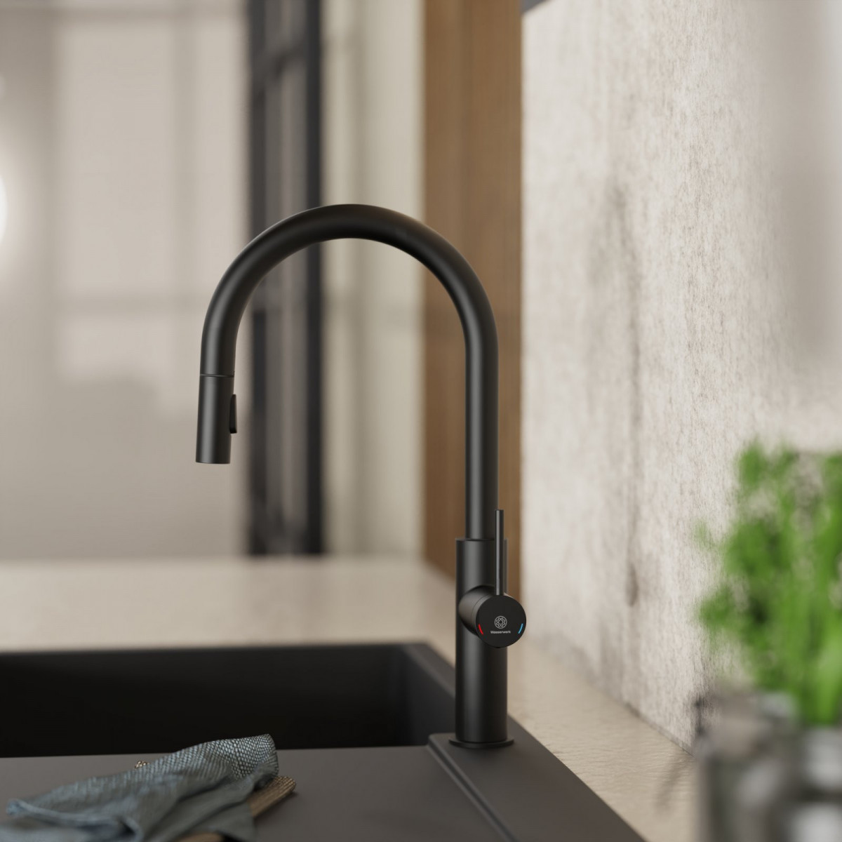 WK 13 Sphere in black, Kitchen Faucet with arched spout and pull-down spray