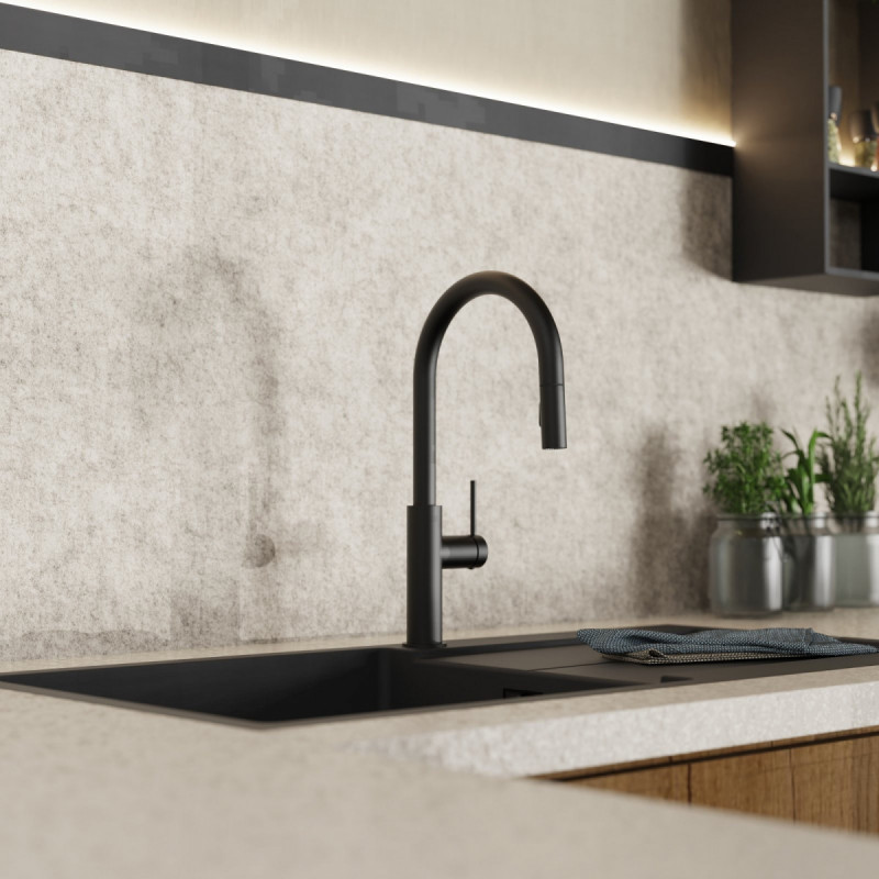 WK 13 Sphere in black, Kitchen Faucet with arched spout and pull-down spray