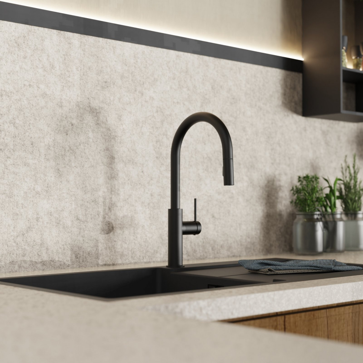 WK 13 Sphere in black, Kitchen Faucet with arched spout and pull-down spray