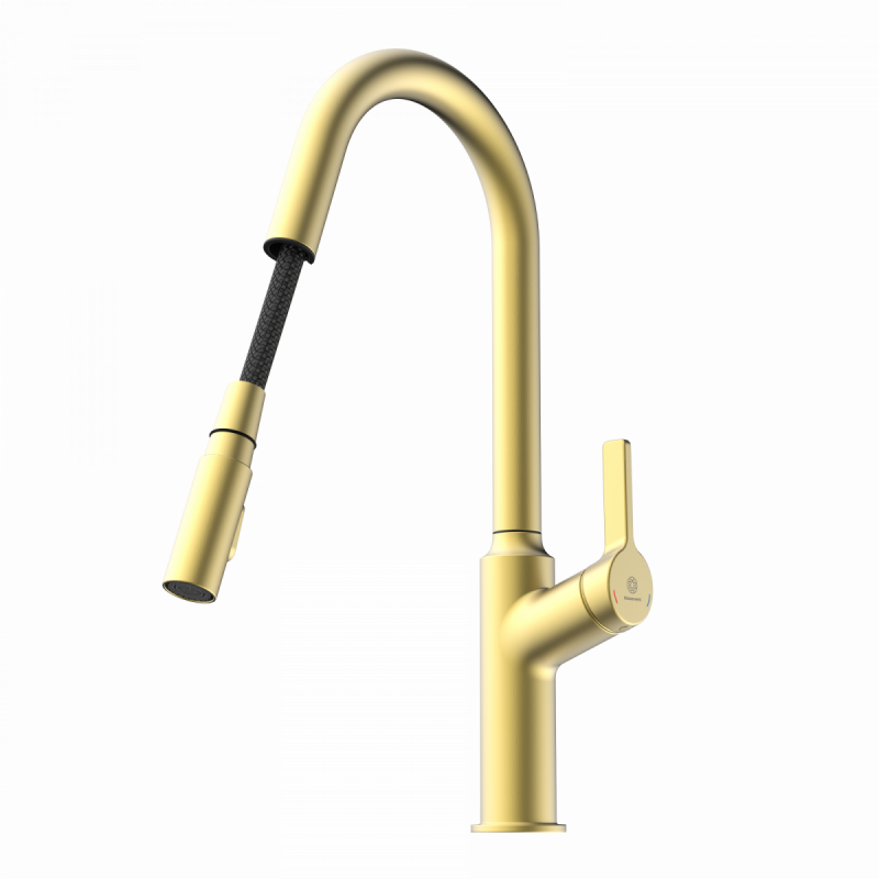 WK 12 in gold look, Kitchen Faucet with curved spout and pull-down spray