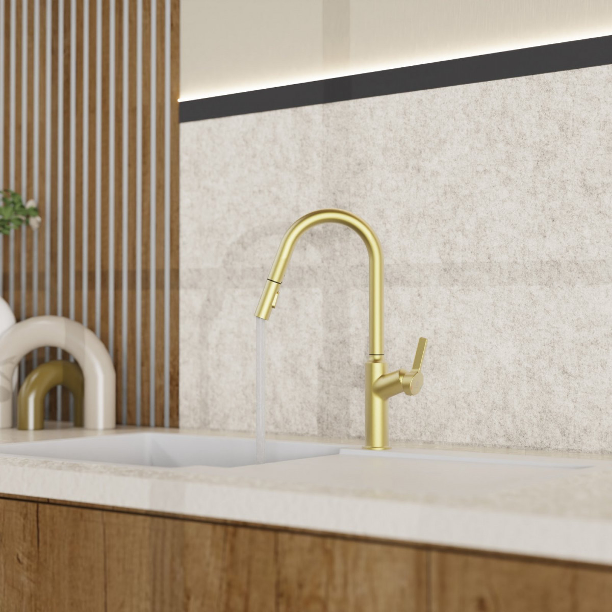 WK 12 in gold look, Kitchen Faucet with curved spout and pull-down spray