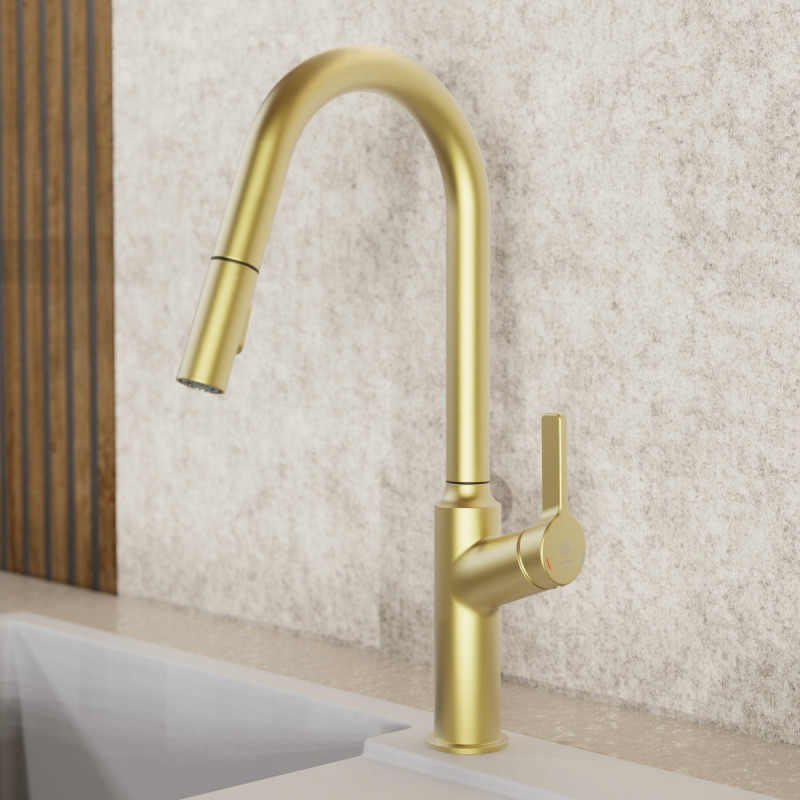 WK 12 in gold look, Kitchen Faucet with curved spout and pull-down spray