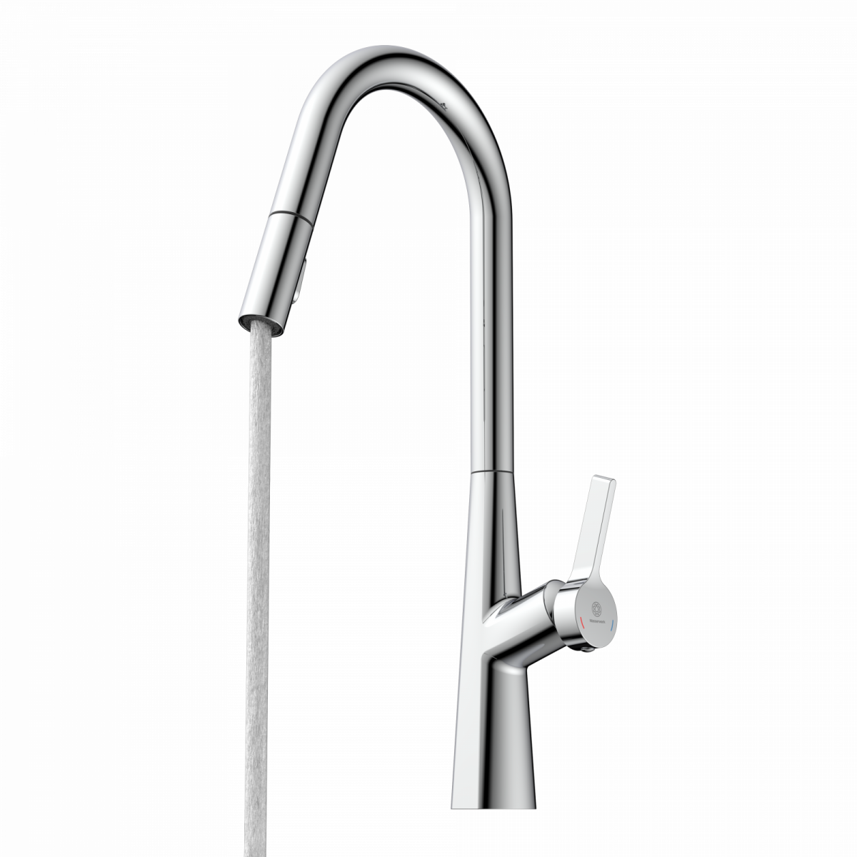 WK 9 Curve in chrome, Kitchen Faucet with curved spout and pull-down spray