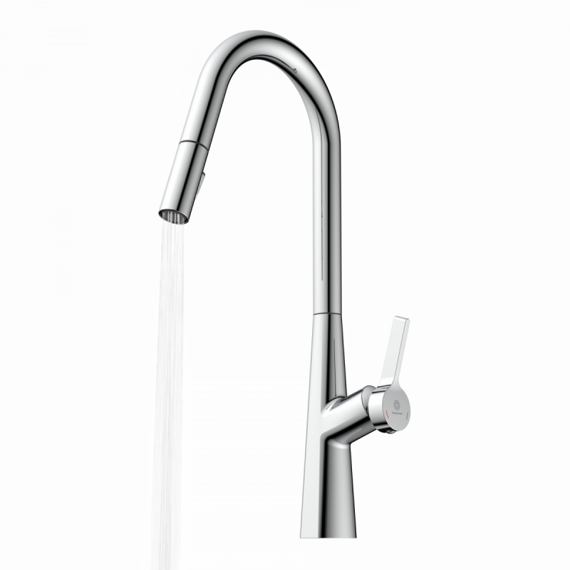 WK 9 Curve in chrome, Kitchen Faucet with curved spout and pull-down spray