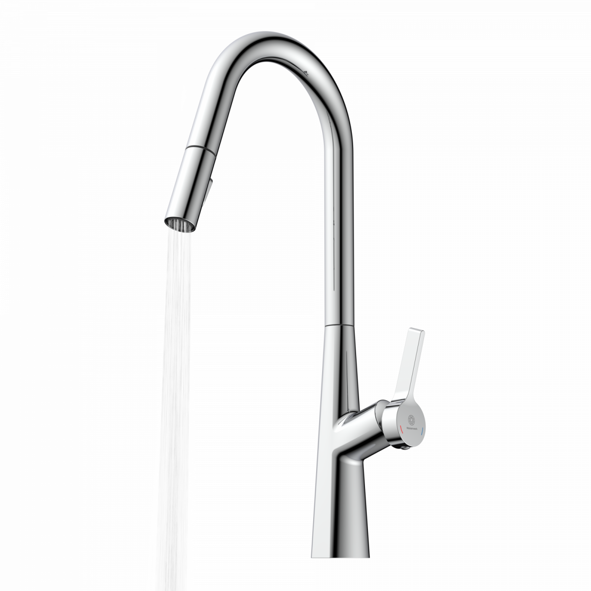WK 9 Curve in chrome, Kitchen Faucet with curved spout and pull-down spray