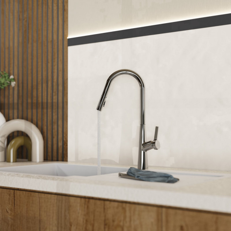 WK 9 Curve in chrome, Kitchen Faucet with curved spout and pull-down spray
