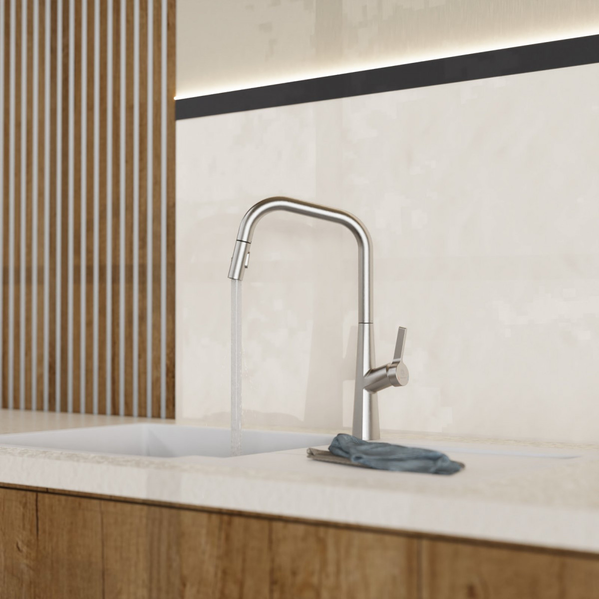 WK 9 Edge in stainless steel look, Kitchen Faucet with edged spout and pull-down spray
