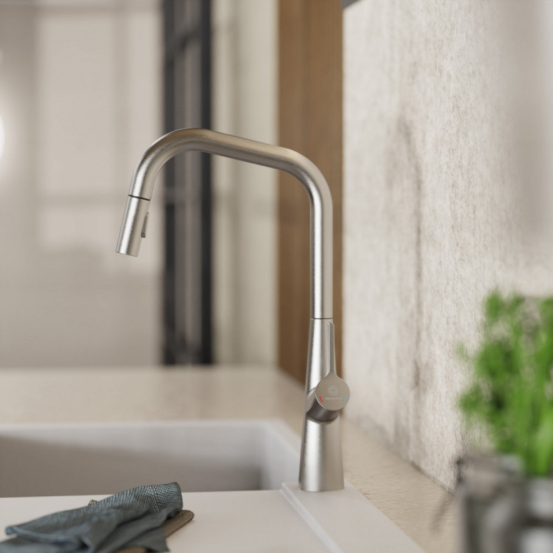 WK 9 Edge in stainless steel look, Kitchen Faucet with edged spout and pull-down spray