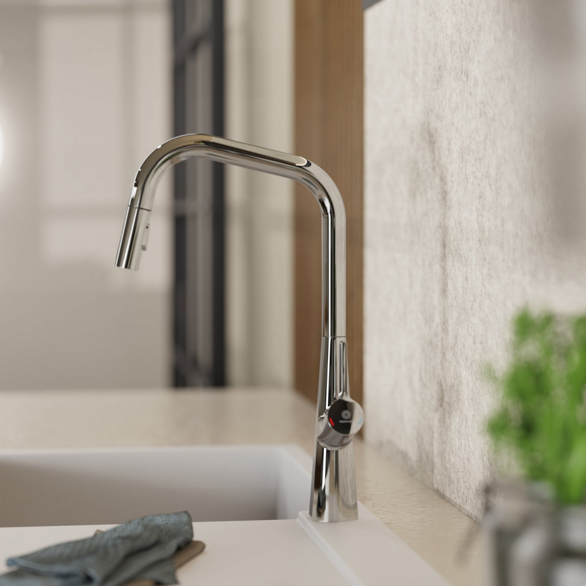 WK 9 Edge in chrome, Kitchen Faucet with edged spout and pull-down spray