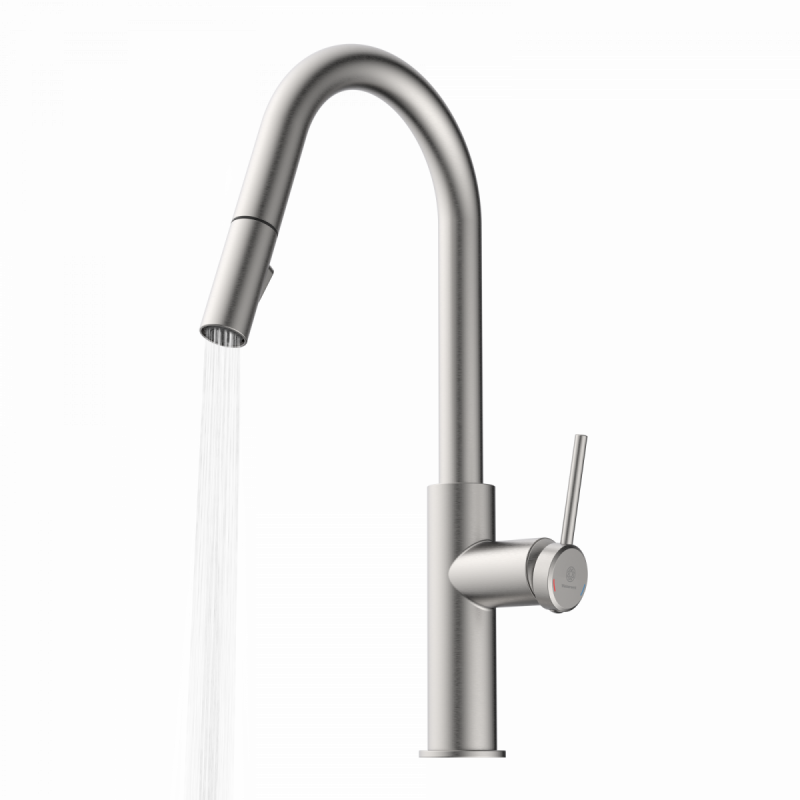 WK 13 Curve in stainless steel look, Kitchen Faucet with curved spout and pull-down spray