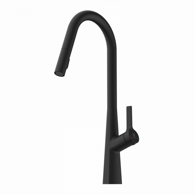 WK 9 Curve in black, Kitchen Faucet with curved spout and pull-down spray