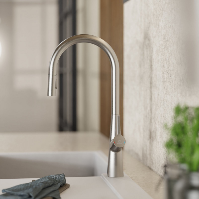 WK 9 Sphere in stainless steel look, Kitchen Faucet with arched spout and pull-out spray