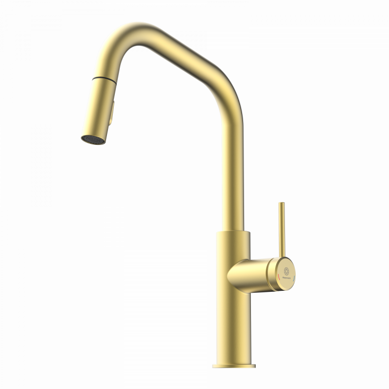 WK 13 Edge in gold look, Kitchen Faucet with edged spout and pull-down spray