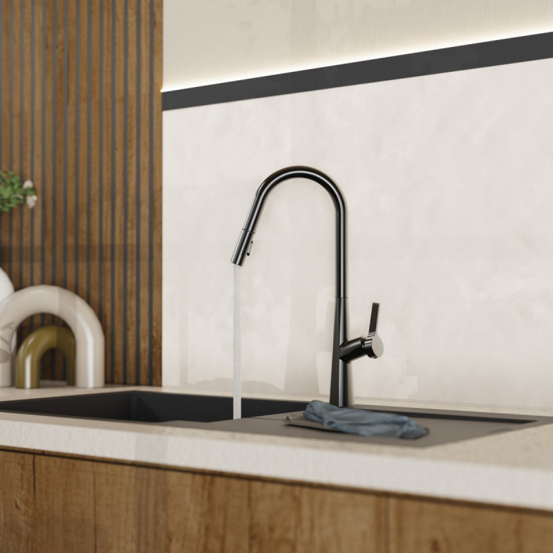 WK 9 Curve in matte graphite, Kitchen Faucet with curved spout and pull-down spray
