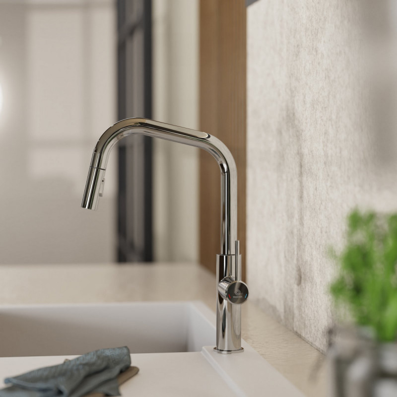 WK 13 Edge in chrome, Kitchen Faucet with edged spout and pull-down spray