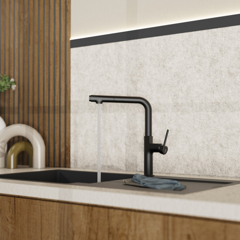 WK 11 in black, Kitchen Faucet with straight spout and pull-out spray