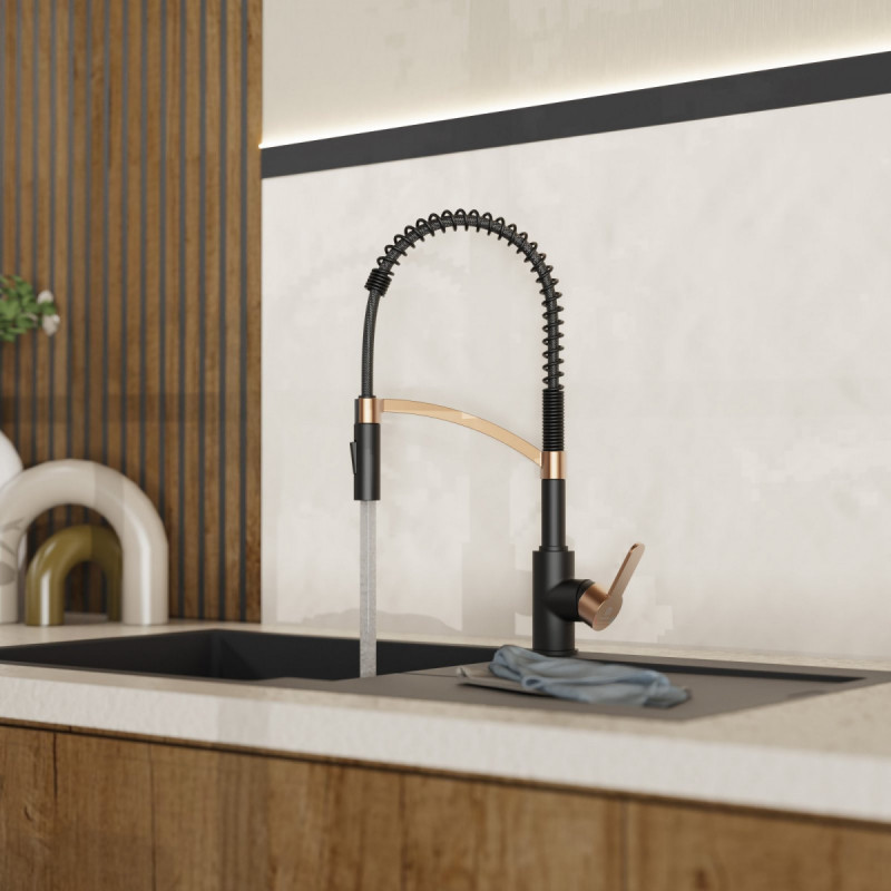 WK 3 in Schwarz/Ros&eacute;gold, K&uuml;chenarmatur mit innovativem Spiralfeder-Design