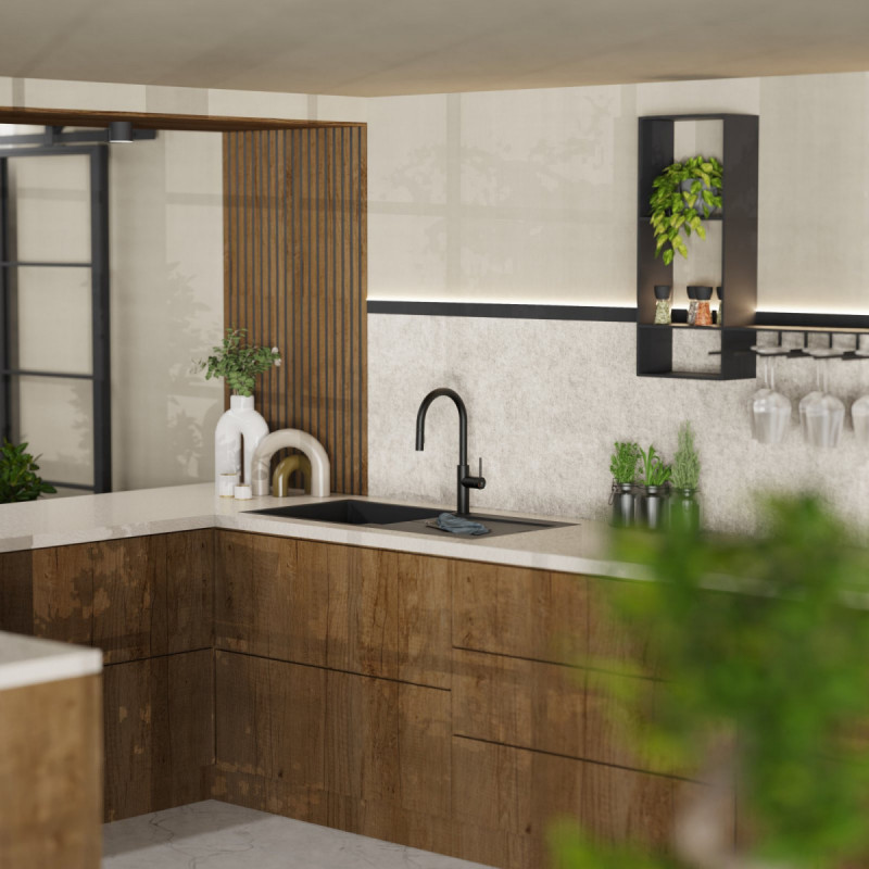 WK 13 Sphere in black, Kitchen Faucet with arched spout and pull-down spray