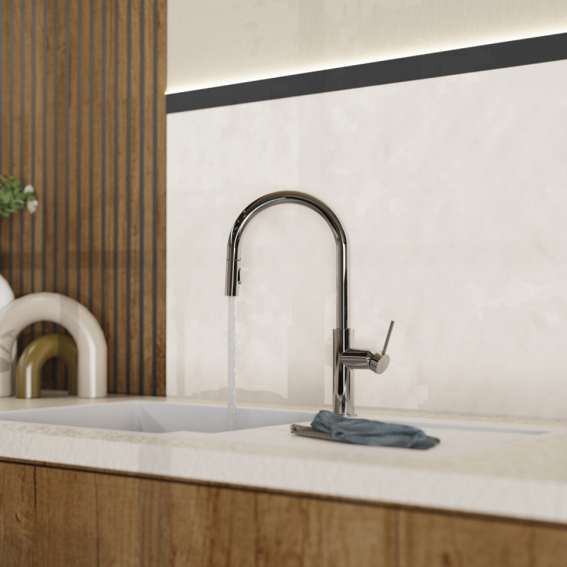 WK 13 Sphere in chrome, Kitchen Faucet with arched spout and pull-down spray