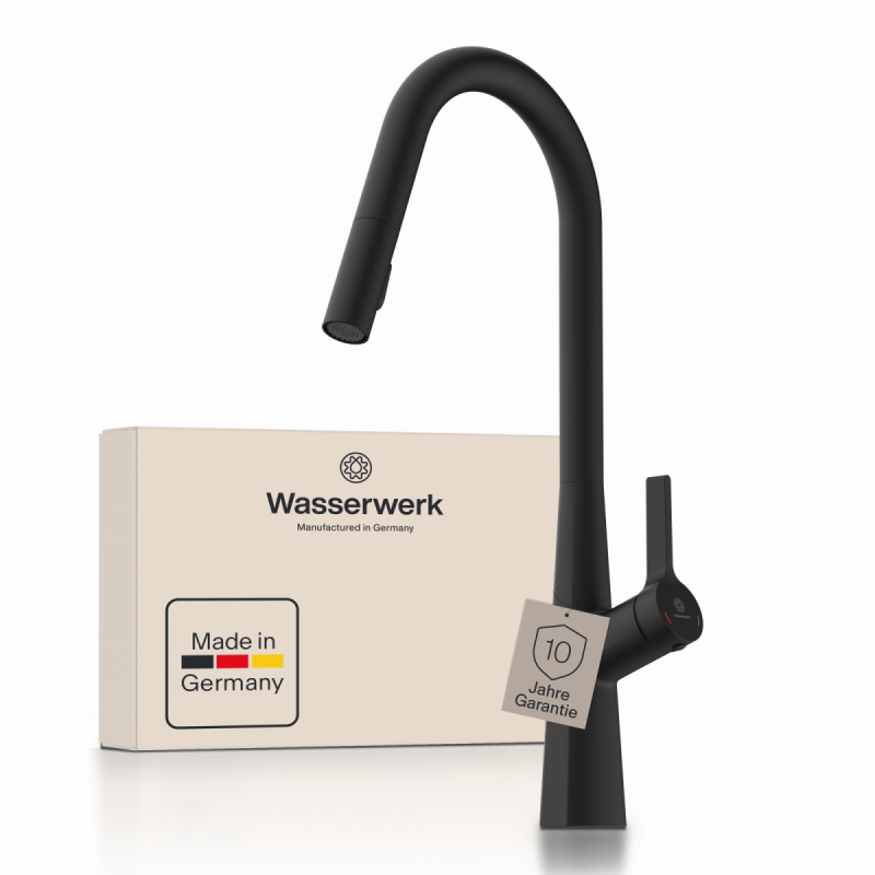 WK 9 Curve in black, Kitchen Faucet with curved spout and pull-down spray