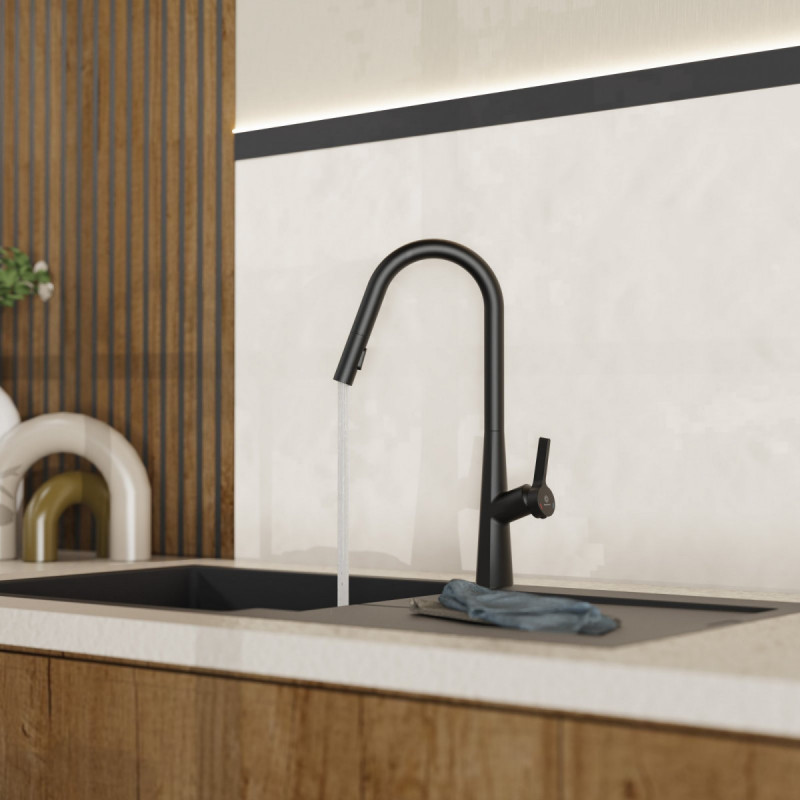 WK 9 Curve in black, Kitchen Faucet with curved spout and pull-down spray