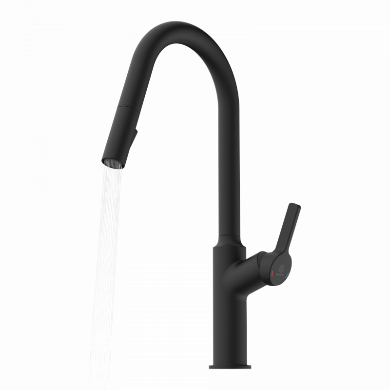 WK 12 in black, Kitchen Faucet with curved spout and pull-down spray