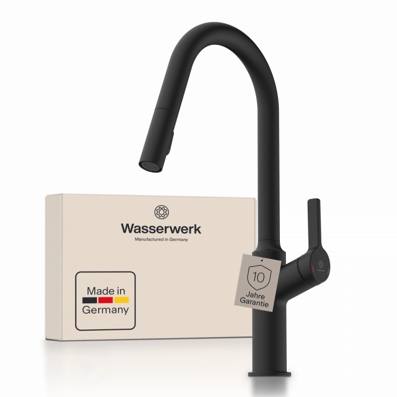WK 12 in black, Kitchen Faucet with curved spout and pull-down spray