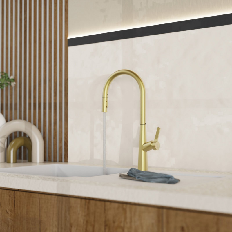 WK 9 Sphere in gold look, Kitchen Faucet with arched spout and pull-out spray