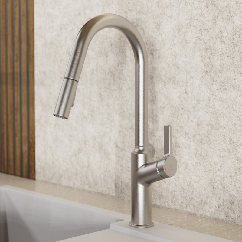 WK 12 in stainless steel look, Kitchen Faucet with curved spout and pull-down spray