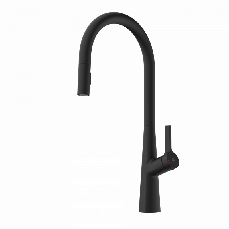 WK 9 Sphere in black, Kitchen Faucet with arched spout and pull-out spray