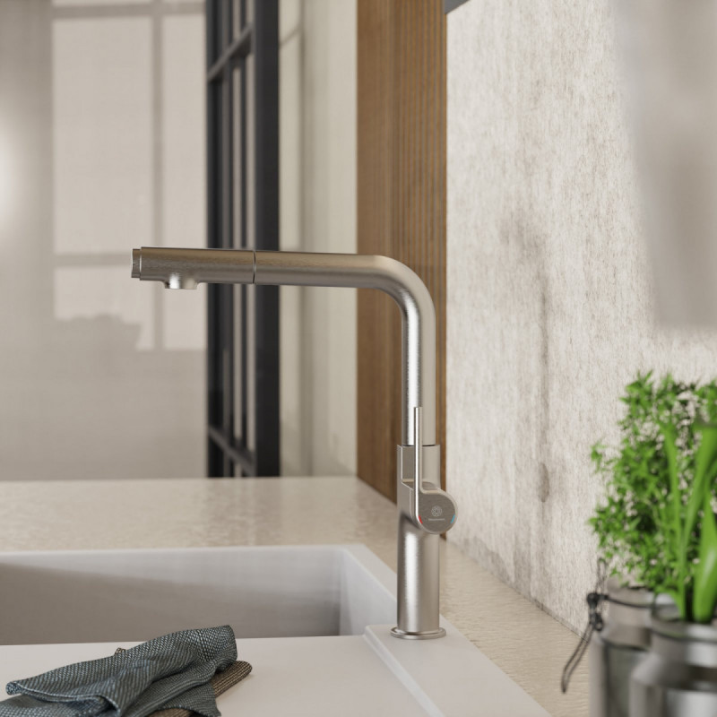 WK 11 in stainless steel look, Kitchen Faucet with straight spout and pull-out spray
