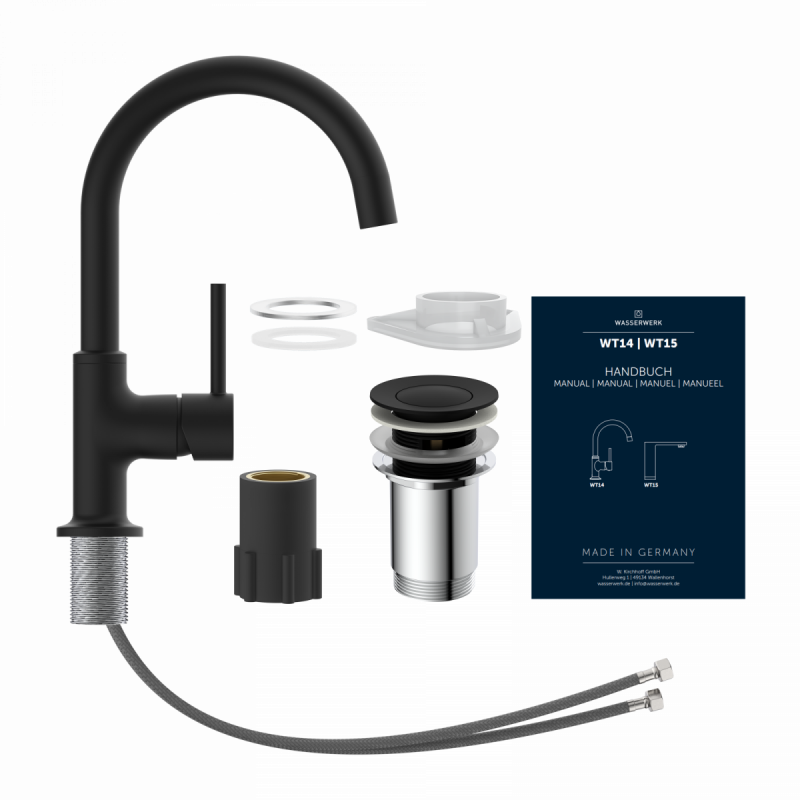 WT 14 in black, Washbasin faucet with curved spout