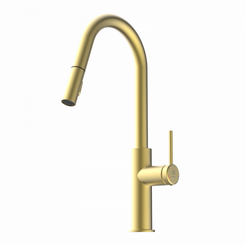 WK 13 Curve in gold look, Kitchen Faucet with curved spout and pull-down spray