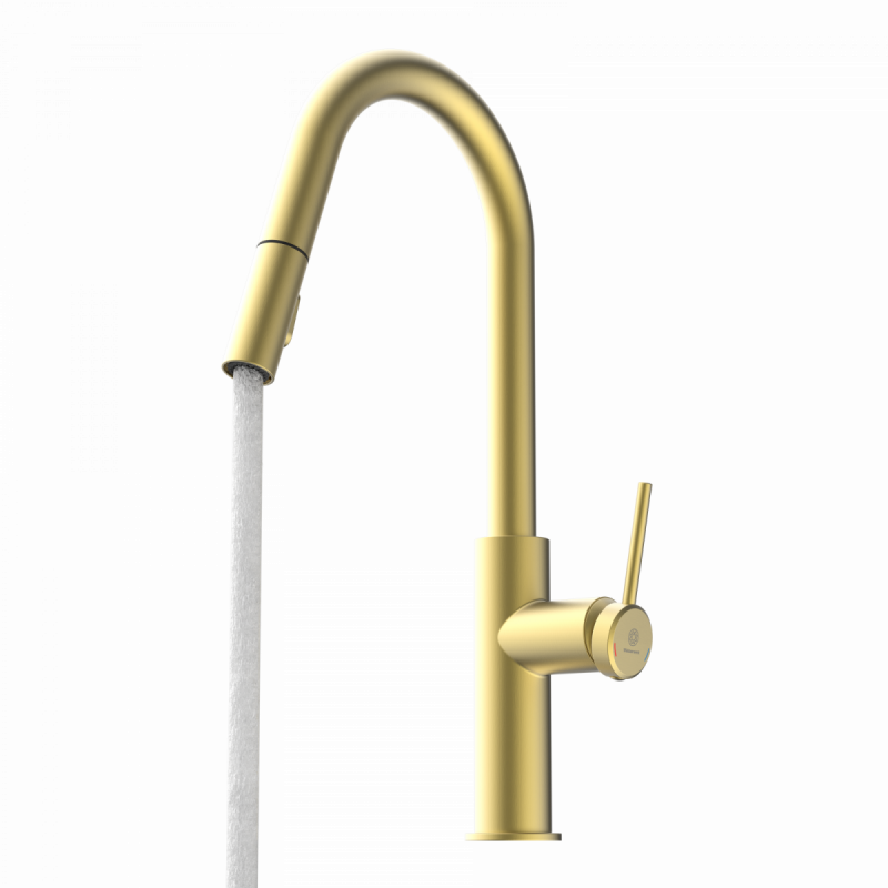 WK 13 Curve in gold look, Kitchen Faucet with curved spout and pull-down spray
