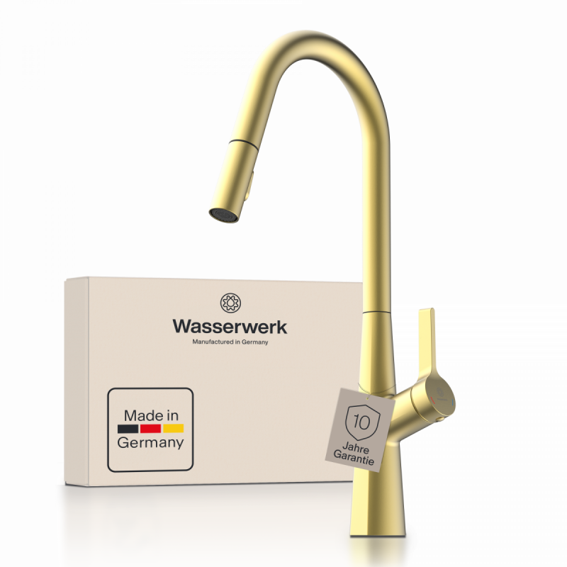 WK 9 Curve in gold look, Kitchen Faucet with curved spout and pull-down spray
