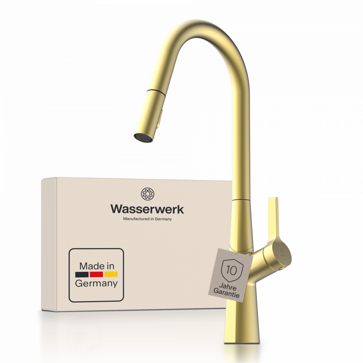 WK 9 Curve in gold look, Kitchen Faucet with curved spout and pull-down spray