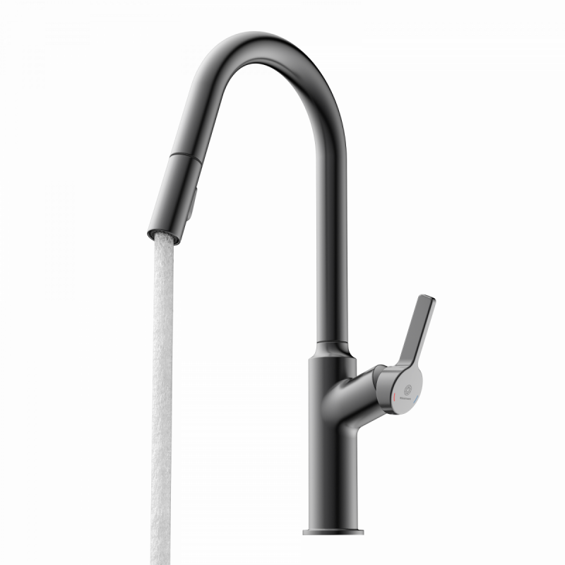 WK 12 in matte graphite, Kitchen Faucet with curved spout and pull-down spray