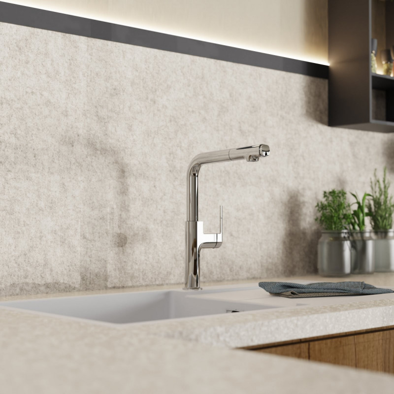 WK 11 in Chrom, Küchenarmatur mit L-Auslauf und Geschirrbrause